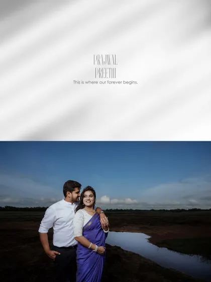 A stunning pre-wedding album cover design, with the couple's names and a beautiful landscape portrait below a clean white space.