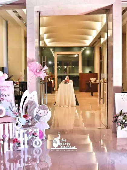 The full entrance setup for the baby welcome party, showcasing how we blend different decor elements into a cohesive and inviting display.