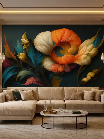 A vibrant and colorful abstract floral mural. The mix of orange, teal, and pink creates a lively and energetic focal point in this modern living space.