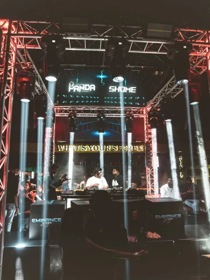Sharing the stage with DJ Panda. This shot shows our back to back setup at The Secret, with our names up in lights.