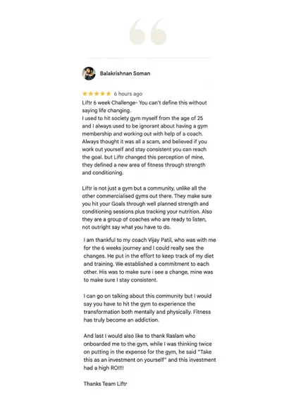 Balu's review calls his 6-week challenge "life changing," explaining how our community and coaching changed his perception of fitness.