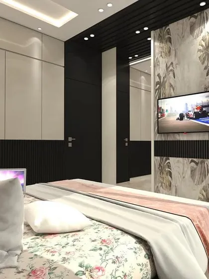 A 3D render of a master bedroom with a bold black and white theme. The design includes a TV unit integrated into a patterned accent wall and sleek, handleless wardrobes.