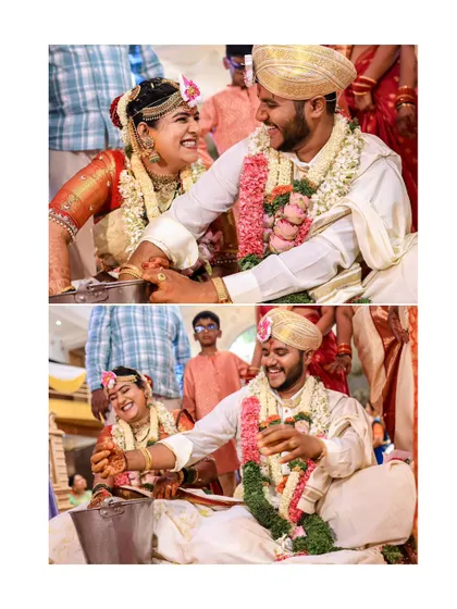 A collage showing the fun and games that are part of many Indian wedding rituals, with the couple playfully searching for a ring in a pot.