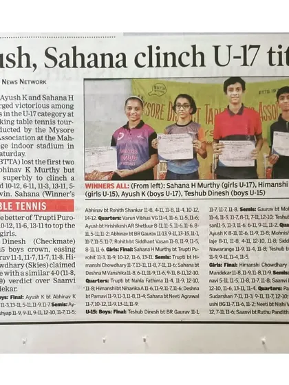Our players' victories making headlines again. This article from the Times News Network covers the U-17 titles clinched by our paddlers Ayush and Sahana at the Mysore state ranking tournament.