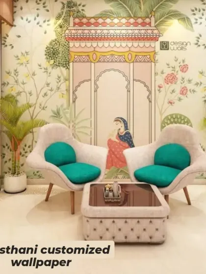 A modern interpretation of Rajasthani art, this wallpaper features a beautiful archway and floral motifs. It blends traditional Indian aesthetics with a contemporary color palette for a fresh, stylish look.