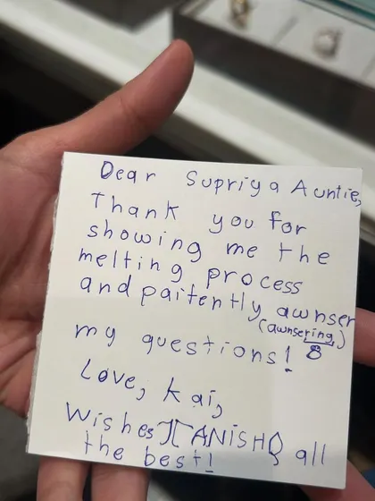 The handwritten thank-you note my son Kai wrote to a sales associate. This simple act of gratitude teaches a profound lesson about acknowledging others and the power of praise.