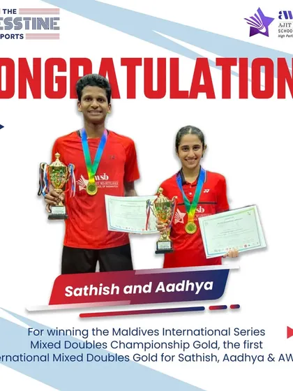 History made. Sathish and Aadhya clinch their first International Mixed Doubles Gold at the Maldives International Series, a first for them and for AWSB.