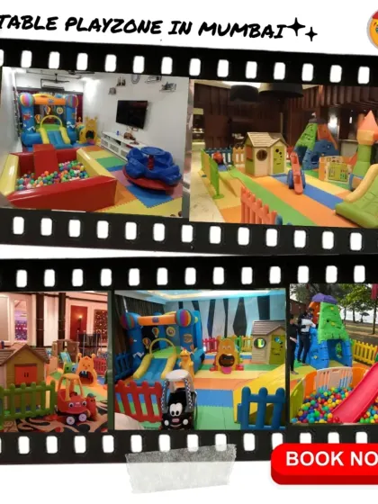 This collage, designed like a film strip, shows five different portable playzone setups. It’s a great way to see the variety of events and locations I cater to, from indoor halls to outdoor parks.