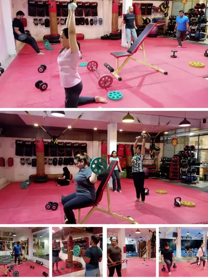 When you hate doing it, but love finishing it. This collage captures the effort and variety of our strength workouts, from dumbbell presses to barbell lifts.