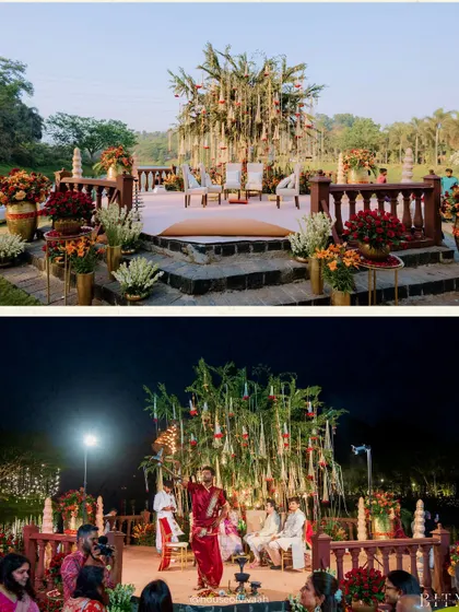 A day-and-night comparison of the tree-centric mandap, showing its natural beauty in daylight and its magical, illuminated transformation for the evening ceremony.