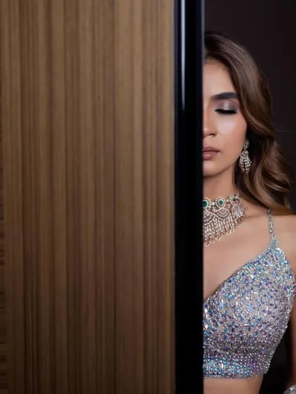 Another artistic shot that highlights the expertly blended eye makeup for this glamorous reception look.