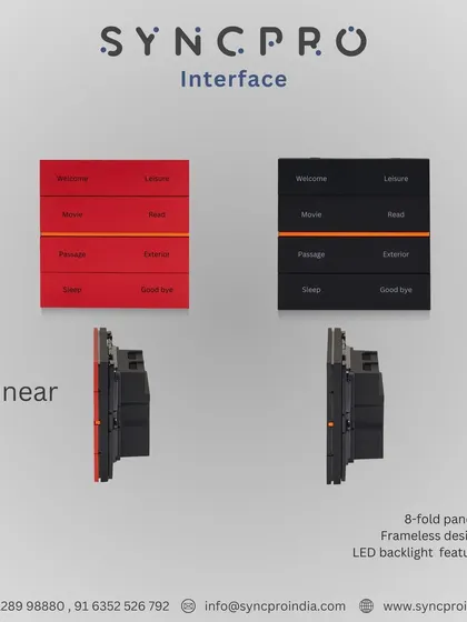 The Linear series 8-fold panels in red and black. These frameless, backlit keypads offer a high-density control solution for rooms with multiple functions, maintaining a sleek and modern look.