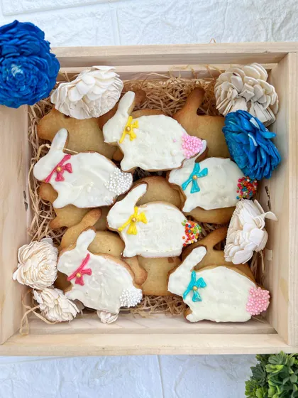 Hoppy Easter! These adorable Easter Bunny shortbread cookies are decorated with sugar icing and sprinkles. They are a fun and festive treat for kids and adults alike.