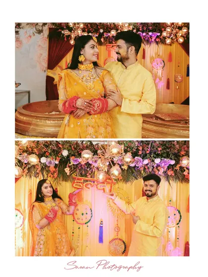 A collage from a Haldi ceremony, showing the couple posing together and holding a "Haldi" sign.