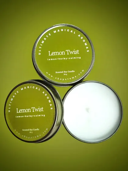 Another look at the 'Lemon Twist' mini candle. These are great for trying out a new fragrance or for taking your favorite scent with you when you travel.