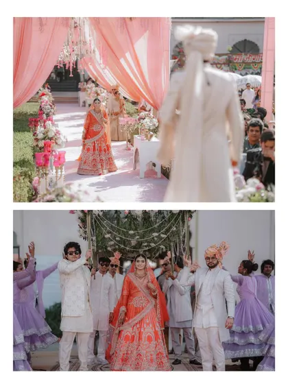 The bride's entrance, a moment of anticipation and beauty. This collage captures her walk towards the groom and the joy of the surrounding family.