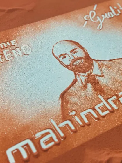 Another angle of the sand art tribute for Mahindra Finance's Mr. Iyer. The phrases 'Rise for the Legend' and 'Gratitude Iyer Sir' were woven into the art to create a deeply personal and emotional send-off.