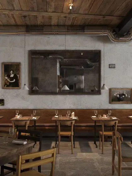 We achieved a rustic, vintage ambiance in this restaurant through the use of unfinished walls, a wooden ceiling, and classic furniture. The gallery wall and warm, low-level lighting create an intimate and historic feel for diners.