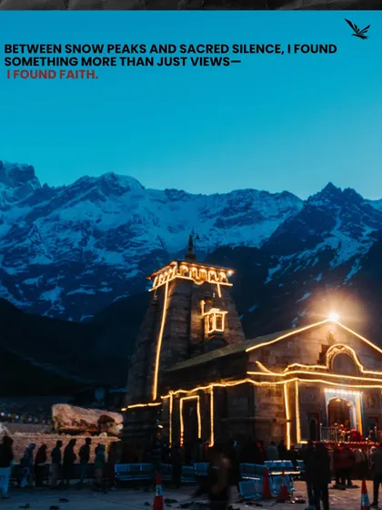 The Kedarnath temple illuminated at night against the backdrop of snow-covered peaks. It's a sight that gives you faith and a feeling you carry forever.
