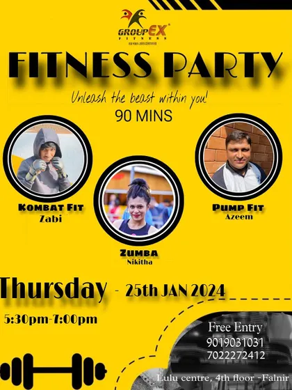 We love to celebrate fitness with a party. This flyer announced our 90-minute fitness bash, a free event for the community featuring Zumba, Kombat Fit, and Pump Fit.