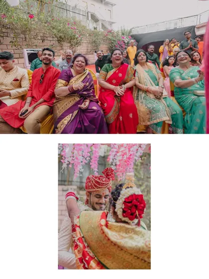 A diptych showing the joy of the family watching the ceremony and the couple during the varmala exchange. It connects the couple's moment to the happiness of their loved ones.