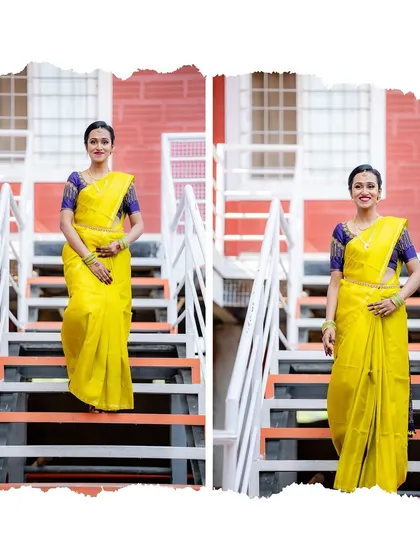 A collage of the bride in her bright yellow saree, captured on a staircase, showcasing her full attire.