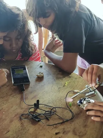 Using a portable microscope, children examine their findings from the tide pools. This brings the microscopic world of a single drop of seawater to life, revealing a universe of activity.