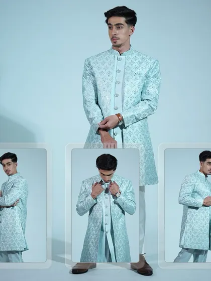 A collage of the light blue Indo-western sherwani, showing it from all angles. The cool color and intricate work make it a standout piece.