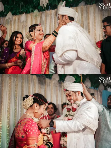 A collage of happy moments from the Varmala ceremony. We capture the excitement and joy of this traditional garland exchange.