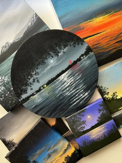 A collection of my nightscape and sunset paintings, showing the contrast between light and dark.