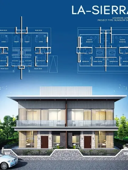 This image shows the architectural plans and front elevation of the La-Sierra twin villas. The layout is designed for luxury and comfort, providing a blueprint for this 45-villa residential scheme amidst the alpine meadows of Lonavala.