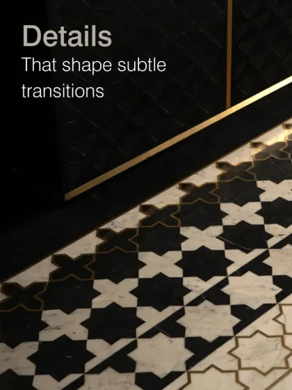 The smallest details often tell the biggest stories. For the Soaltee Hotel, we used bold, geometric floor patterns to guide guests and create subtle transitions between spaces. This reinterpretation of traditional Nepalese motifs in a modern palette of black and white marble with brass inlays is central to the lobby's narrative.