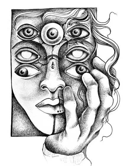The final inked version of the multi-eyed portrait. All the shading and details are complete, creating a surreal piece that explores themes of perception and identity. This is available as an original artwork.