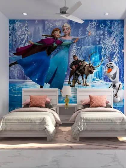 A shared room with a "Frozen" theme, featuring a large wall mural of the characters. The simple white beds allow the theme to be the main focus.