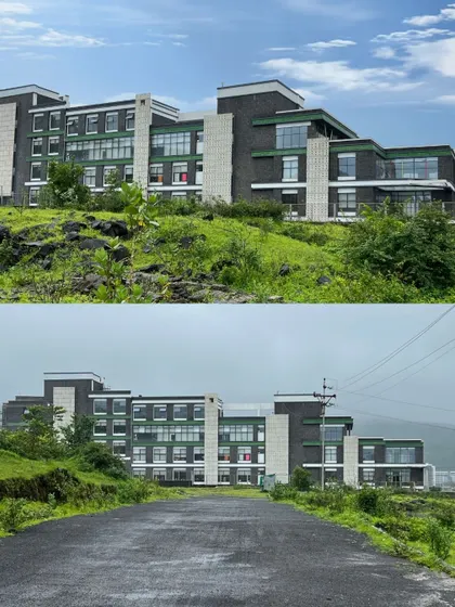 The completed Venkateshwar World School in Pune, nestled into the hillside. The final structure stays true to the design, blending seamlessly with the natural landscape while providing a modern learning environment.