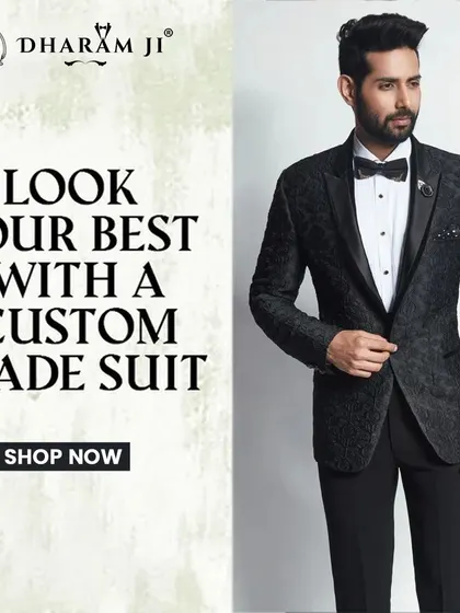 Look your best with a custom-made suit. This graphic features a model in a patterned black tuxedo, highlighting the benefits of bespoke tailoring.