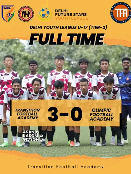 Full time result showing a 3-0 win for my U-17 team against Olimpic Football Academy in the Delhi Future Stars Youth League.