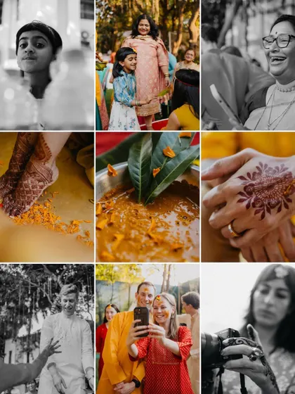 A grid of black and white images capturing the small, often overlooked details of the Haldi ceremony. From a child's curious gaze to the texture of the turmeric paste.
