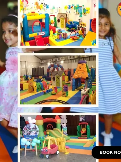 This collage shows girls jumping on a bouncy castle and a variety of other setups, from decorated indoor parties to large tented playzones, all designed to create laughter-filled memories.