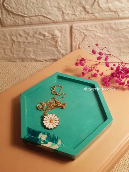 This teal hexagon tray was the very first piece we ever made. It holds a special place in our hearts and is still just as beautiful today.