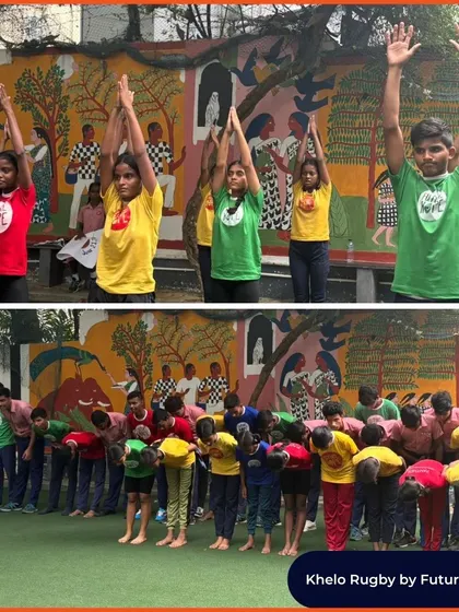 Young rugby players from Khelo Rugby by Future Hope practice yoga. Even in a high-contact sport, mindfulness and flexibility are key to a long and successful athletic career.