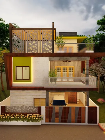 A frontal view of the home, highlighting the interplay of different materials and the decorative jali screen.