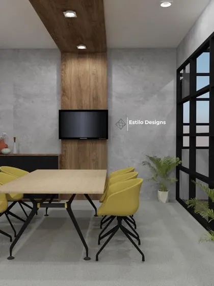This is a concept for an industrial-style conference room. The design incorporates concrete-finish walls, exposed framework, and vibrant seating to create a functional yet visually interesting meeting space.