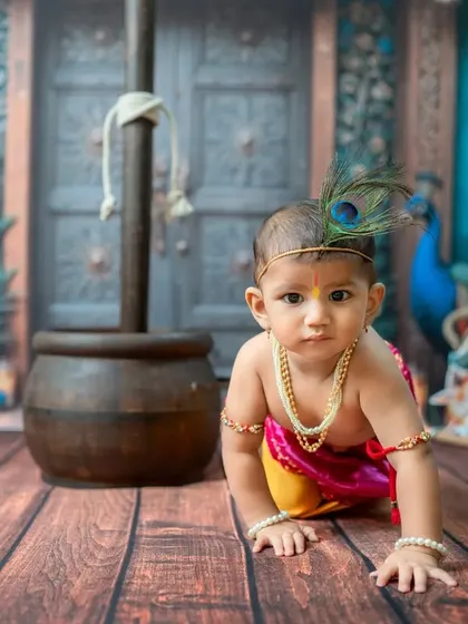 The crawling pose is perfect for this age, showing our little Krishna on the move. The detailed set includes a Dahi Handi pot and peacock motifs.