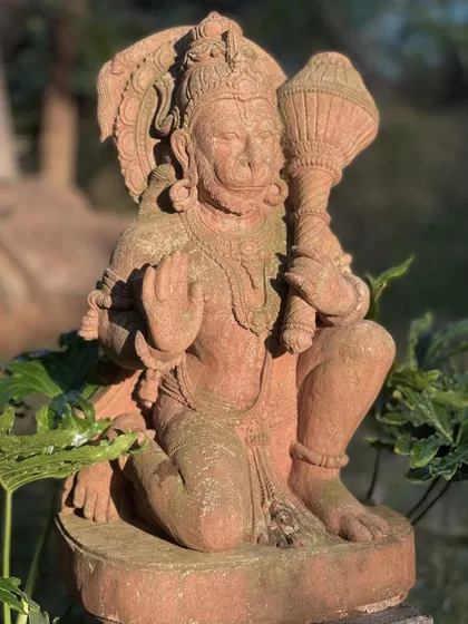Another view of our handcrafted sandstone Lord Hanuman, showing the beautiful weathering that adds character to the piece when placed outdoors.