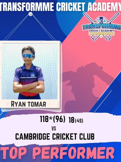 Ryan Tomer's outstanding century, scoring 118 runs in the EV Cup 2025. He continues to be a prolific run-scorer, showcasing the results of our advanced batting programs.
