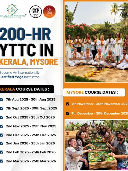 A comprehensive poster showing our 200-hour YTTC dates for both Kerala and Mysore, giving you the choice between two spiritually rich locations for your training.