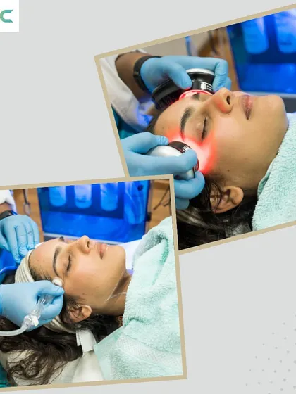 A glimpse into a HydraFacial session, showing both the exfoliation step and the LED therapy. This multi-step treatment is customized to address a variety of skin concerns in one session.