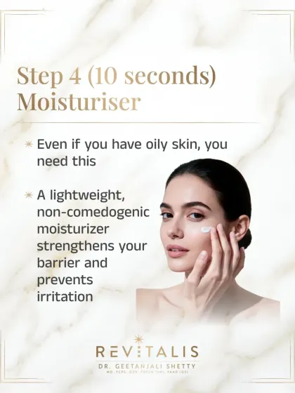 Step 4 is applying moisturizer, which takes another 10 seconds. Even if you have oily skin, you need this. A lightweight, non-comedogenic moisturizer strengthens your skin barrier and prevents irritation.