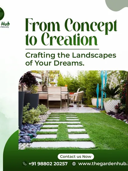 From concept to creation, we craft the landscapes of your dreams. This image shows a beautiful backyard with a stepping stone path, artificial turf, and a comfortable patio area.